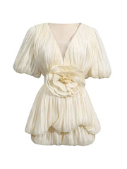 Ruched Deep V Neck Puff Sleeve 3D Flower Mini Dress