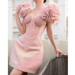 Pink 3D Frill Strap Corset Mini Dress