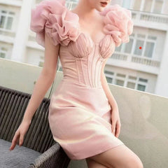 Pink 3D Frill Strap Corset Mini Dress