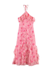 Pink Rose Print Ruffle Midi Dress