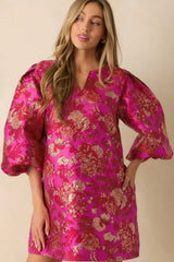 Gilded Garden Hot Pink Floral Jacquard Mini Dress