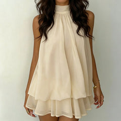 Tiered Ruffle Open Back Tie Detail Halter Mini Dress