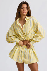 Cotton Poplin Pleated Shorts Yellow Stripe
