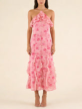Pink Rose Print Ruffle Midi Dress