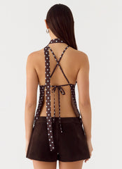 Quiero Backless Top - Chocolate Blue Dot
