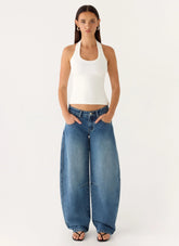 Stevie Low Rise Barrel Leg Jeans - Mid Wash Blue