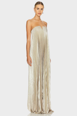 Metallic Pleated Strapless Gown