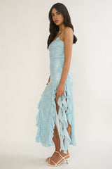 Sky Limit Ruffle Midi Dress Sequin Blue