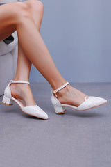 White Floral Embroidered Block Heel Wedding Shoes