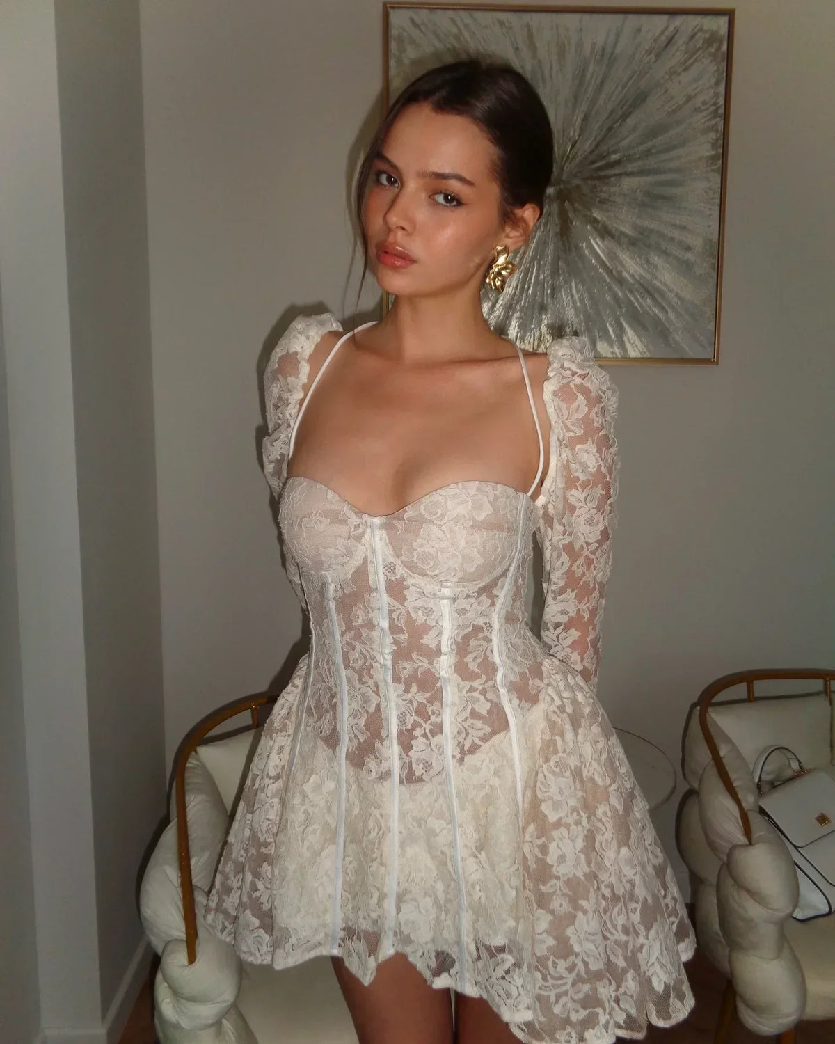 White Lace Flare Sleeve Corset Frill Mini Dress