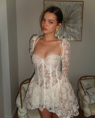 White Lace Flare Sleeve Corset Frill Mini Dress