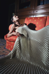Metallic Pleated Strapless Gown