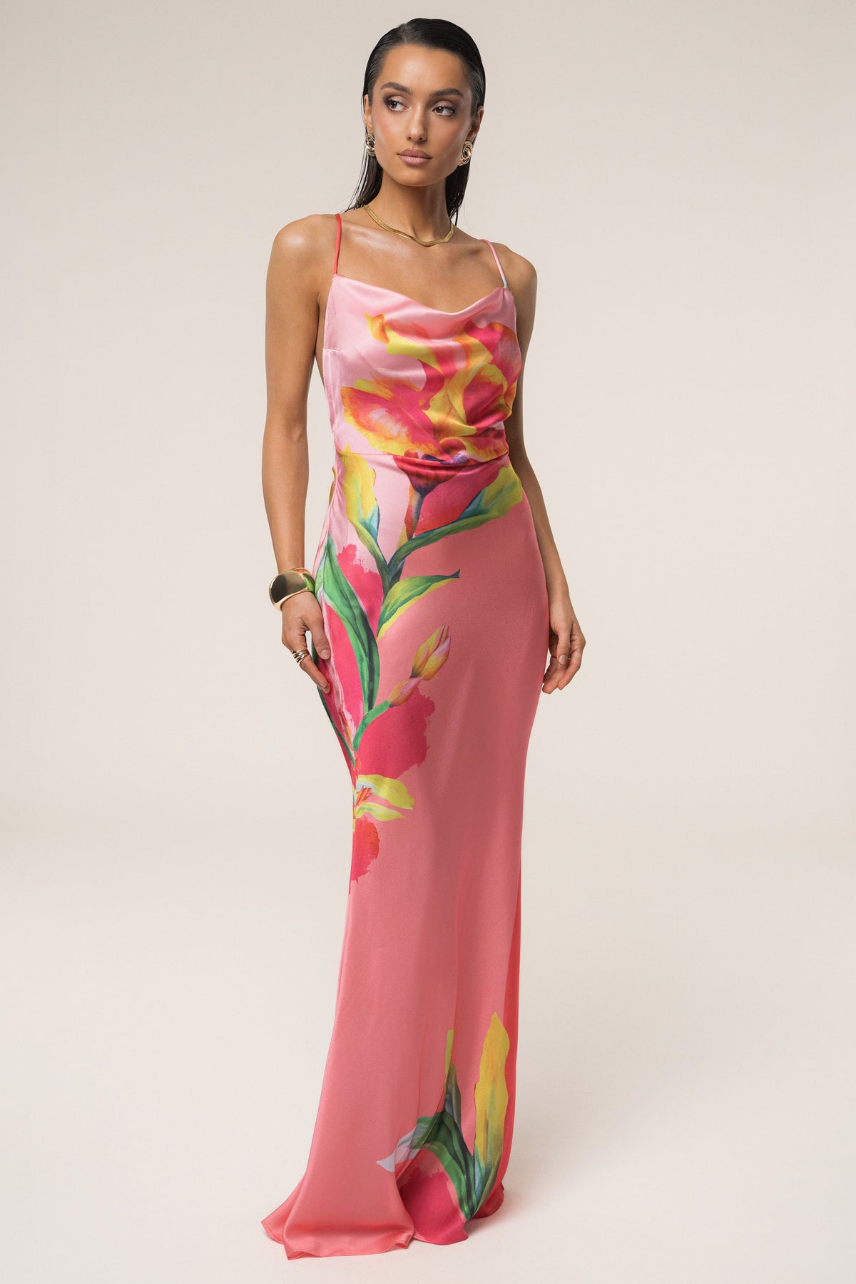 Satin Floral Print Maxi Dress