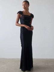 Lace Trim Short Sleeve Satin Maxi Dress