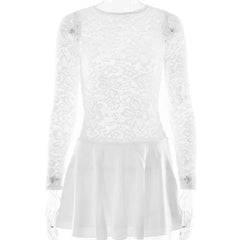 Lace Sheer Patchwork Ruffle Long Sleeve Mini Dress