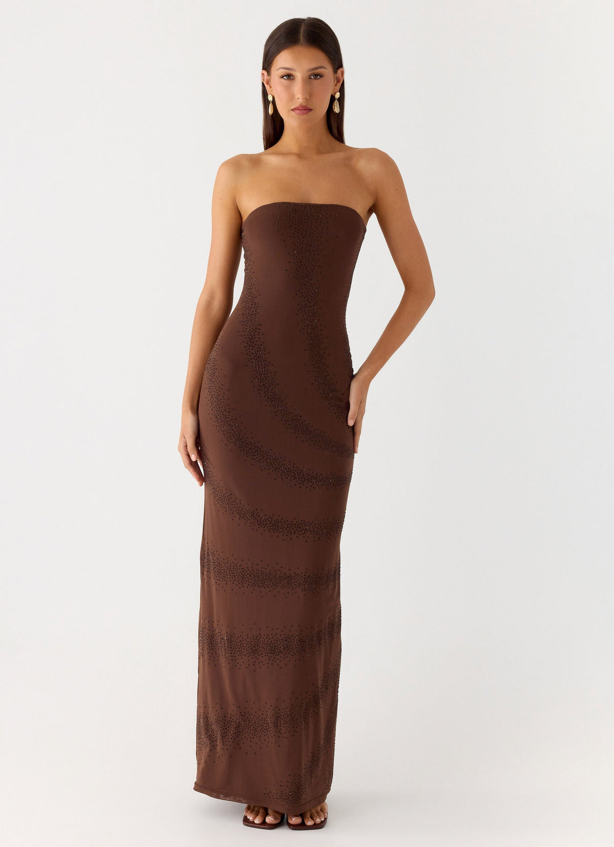Belisse Beaded Mesh Maxi Dress Chocolate
