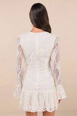 Darling Era Ivory Lace Applique Long Sleeve Ruffled Mini Dress