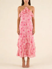Pink Rose Print Ruffle Midi Dress