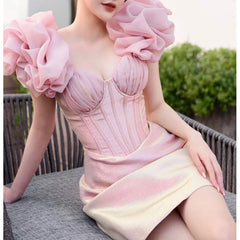 Pink 3D Frill Strap Corset Mini Dress