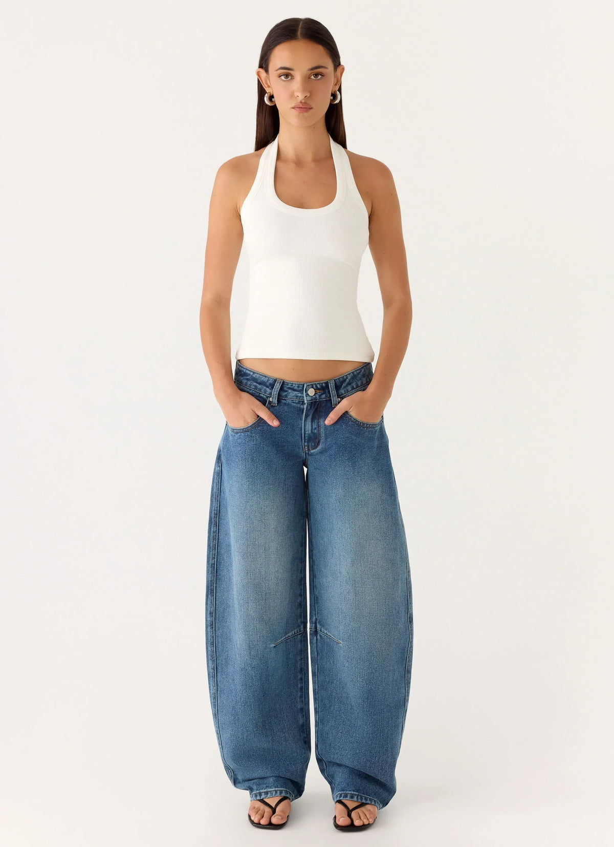 Stevie Low Rise Barrel Leg Jeans - Mid Wash Blue
