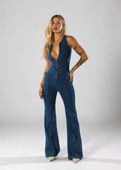 Fitted Denim Flare Jumpsuit