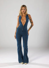 Fitted Denim Flare Jumpsuit