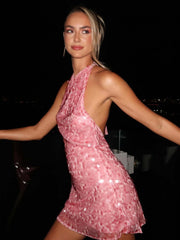 Sequin Drape Halter Mini Dress