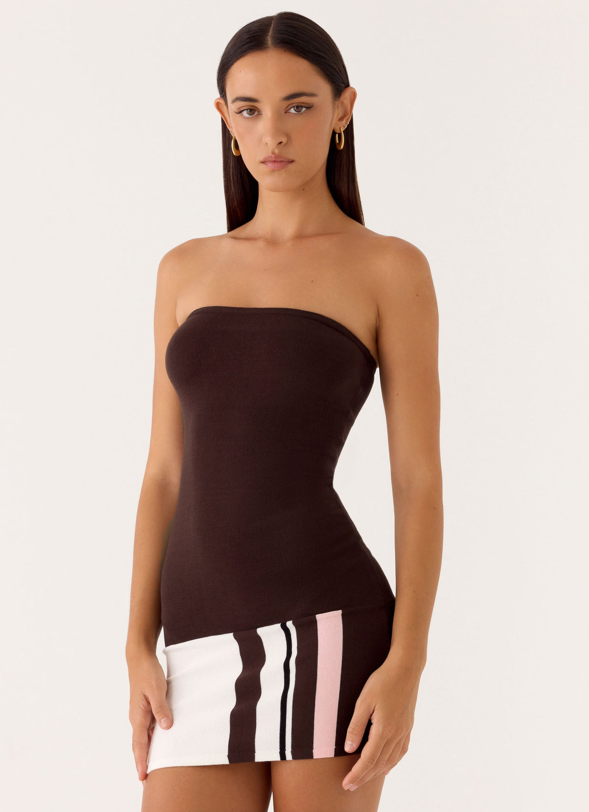 Straight Lines Knit Mini Dress Brown
