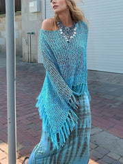 Tassel Boat Neck Knit Shawl