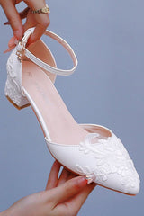 White Floral Embroidered Block Heel Wedding Shoes
