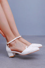 White Floral Embroidered Block Heel Wedding Shoes